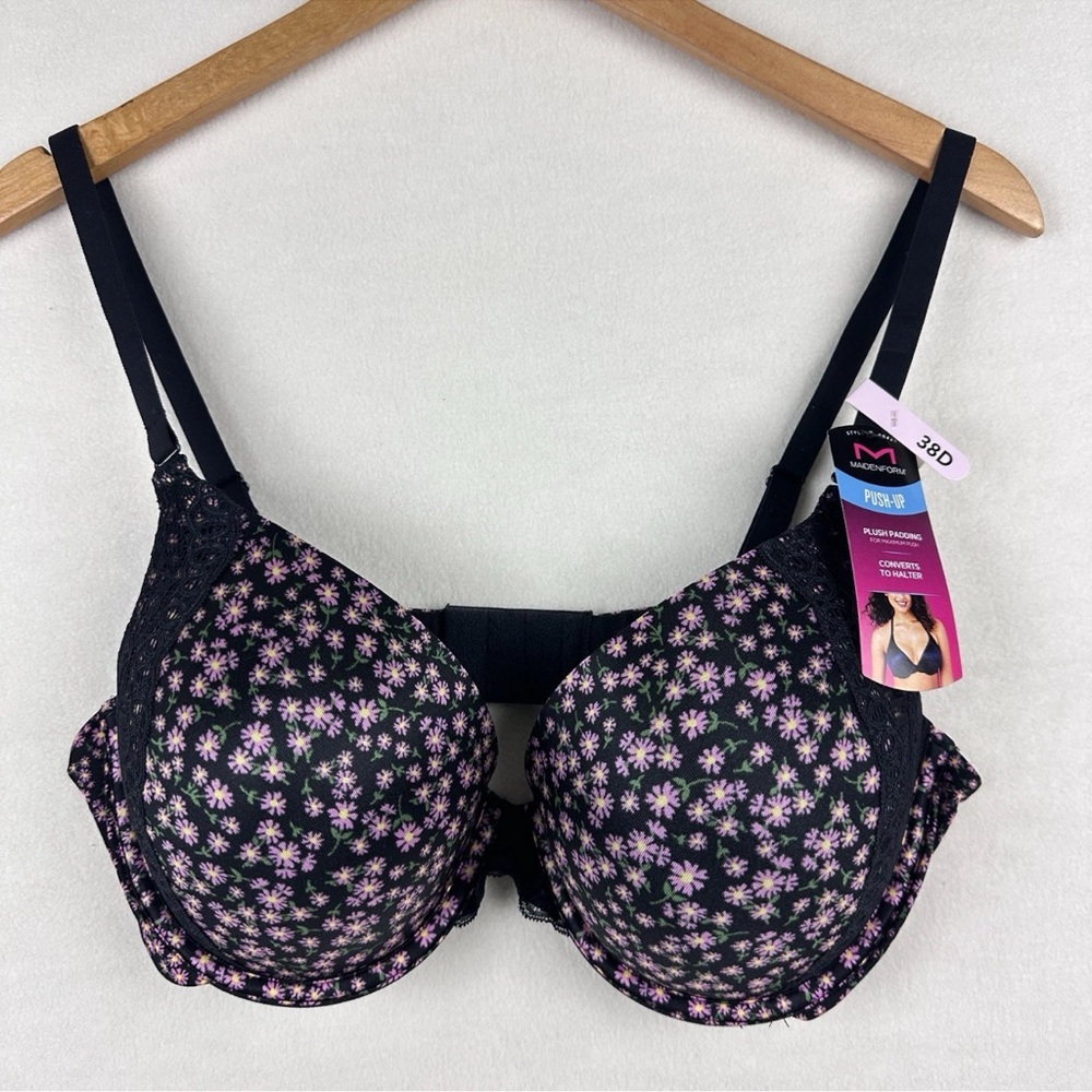 Maidenform 38D 36C 34C Push Up Bra Comfort Padding Converts To Halter Black